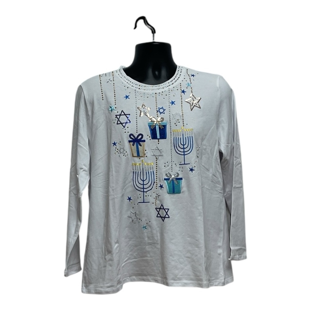 Berek Festive White Long Sleeve Top with Blue and Silver Details Size XL